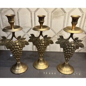 Vintage Brass Grape Embossed Candle Holders - Set Of Three (3)